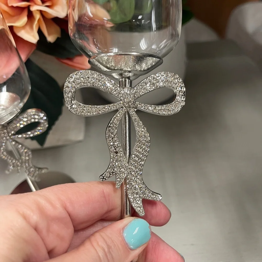 Rhinestone Bow Ribbon Coquette Glass Silver Champagne Flute Glasses Set of 2 NWT
